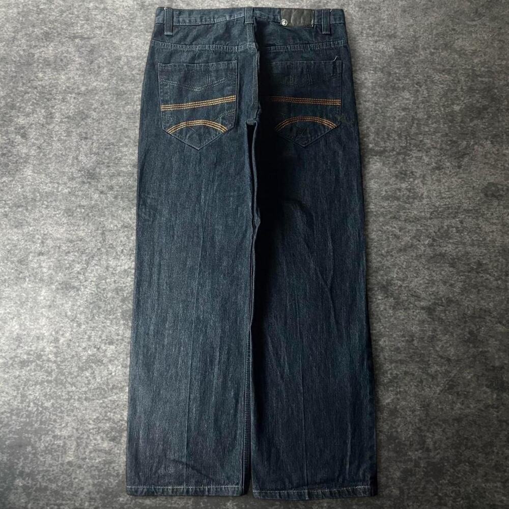 Vintage Rocawear Mens 34 Baggy Jeans Dark Wash Orange Stitch Y2K Hip Hop